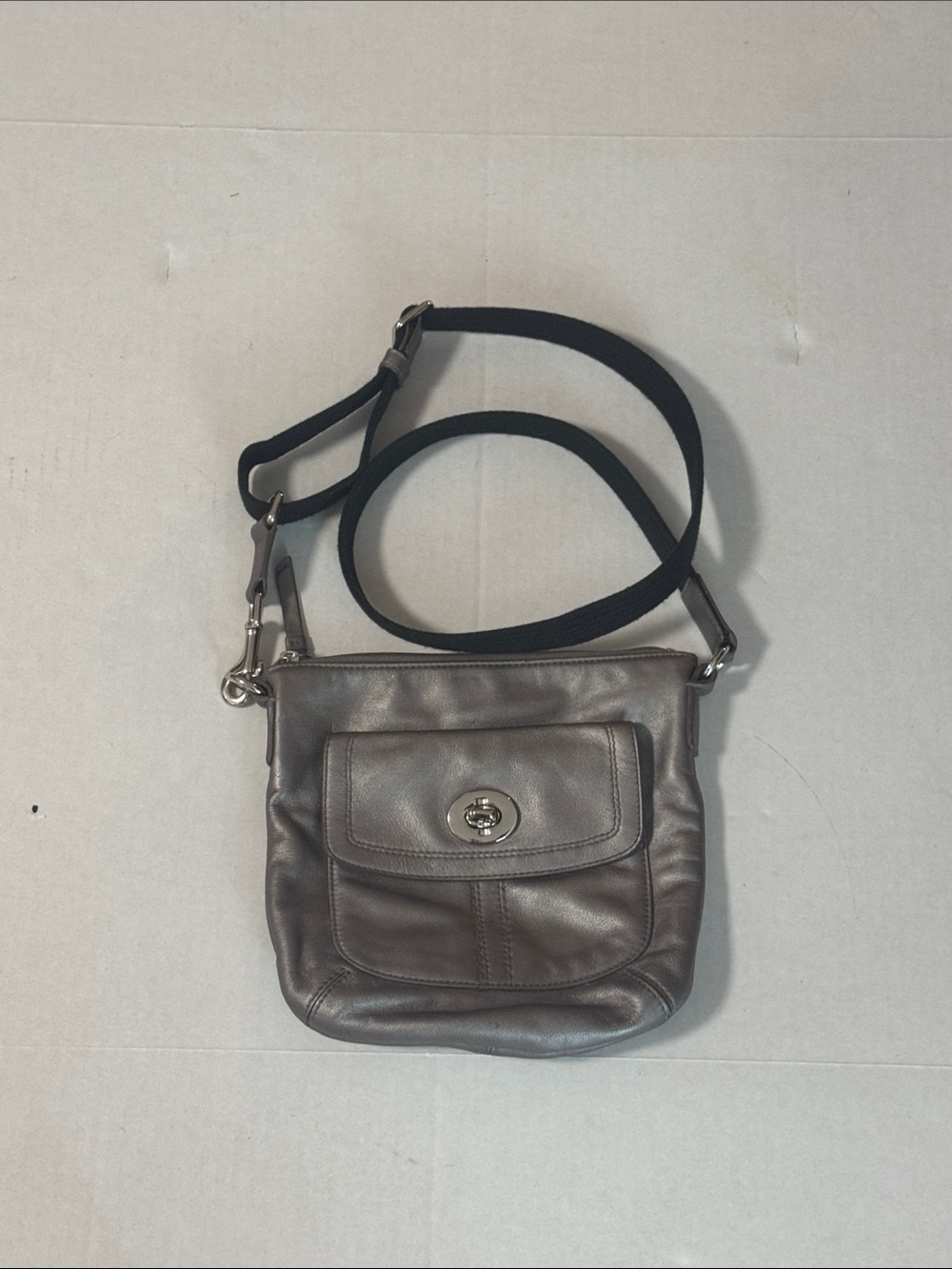 Coach Metallic Gray Leather Crossbody Bag with Black Strap No Bag Charm